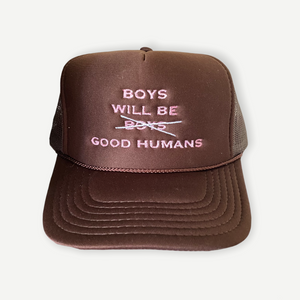 Boys will be boys trucker hat - Brown with pink letters