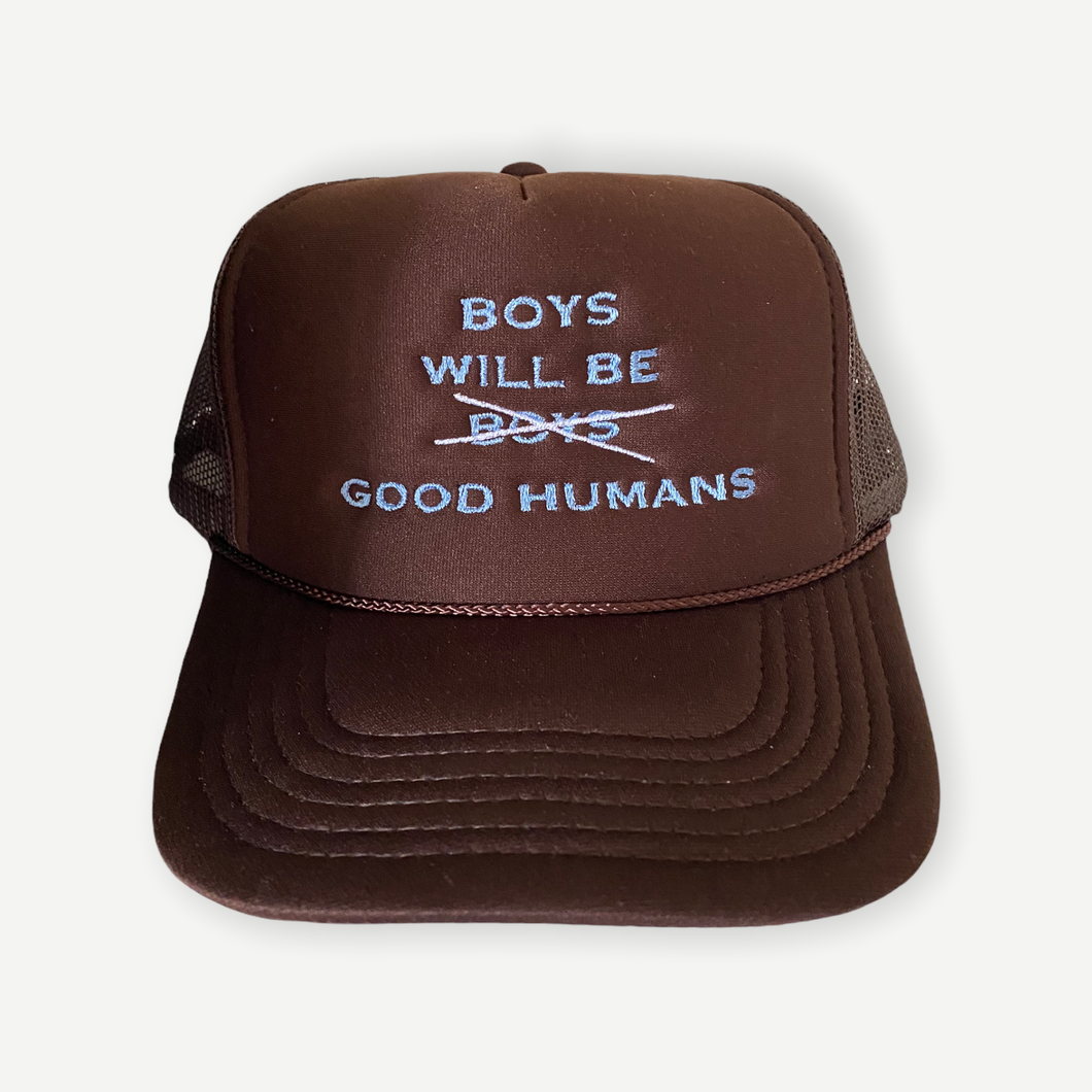 Boys will be boys trucker hat - Brown with blue letters